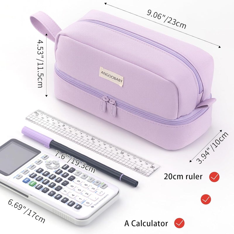 ANGOOBABY Big Capacity Large Pencil Case Canvas Pen Pouch Bag with 2 Compartments for Girls Boys Teen School Students Adults - Purple - Image 3